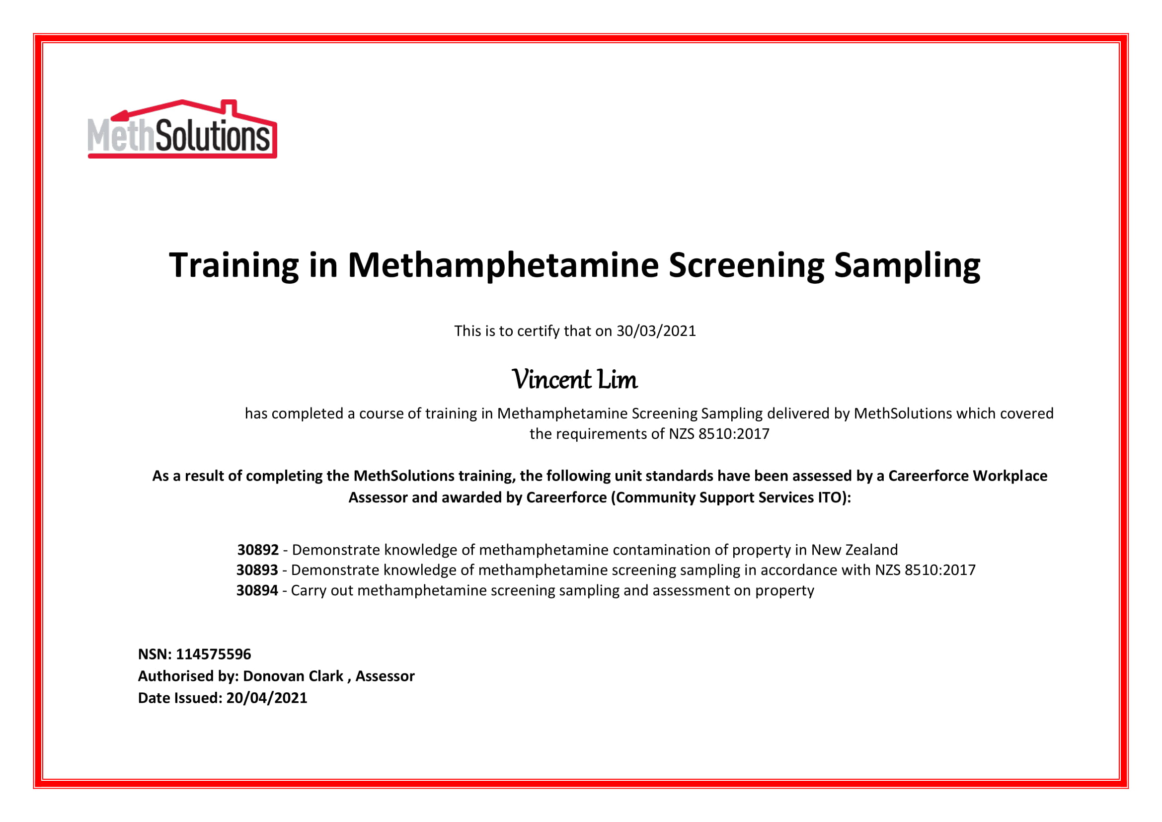 Certification Meth Sampling NZS 8510:2017